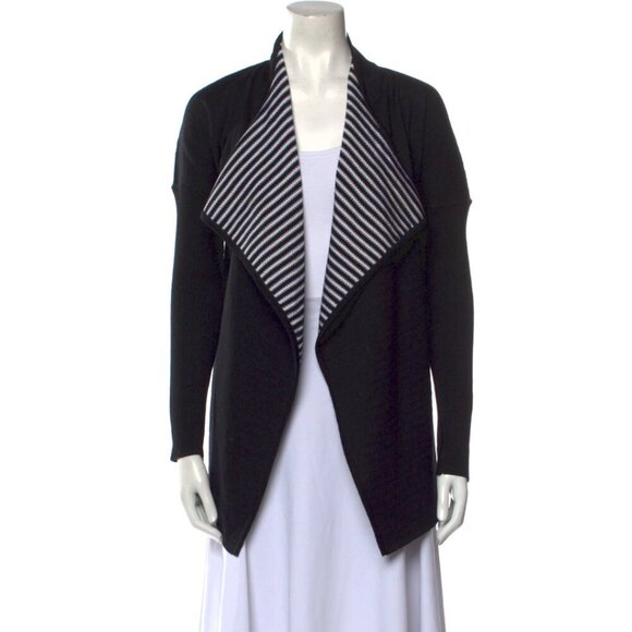 St. John Wool Striped Open Front Cardigan Sweater Long Sleeve Black Tunic Sz S/P - Picture 2 of 7